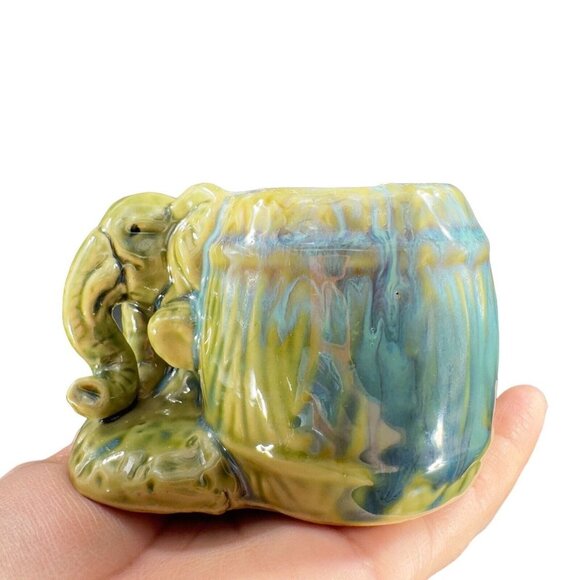 Vintage Majolica Style Pottery Green Elephant Vase Planter Drip Glaze Ceramic - Picture 6 of 15